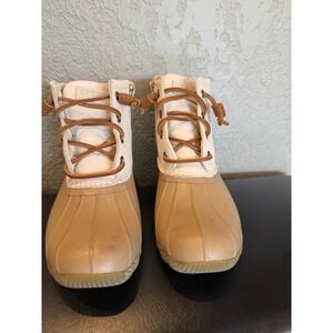 Sperry Saltwater Duck Boots Womens 5.5 Cream Tan Leather Rubber STS88109 Ankle